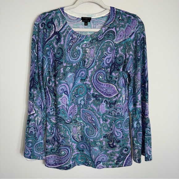 Talbots Petites Merino Wool Pullover Sweater-Purple Paisley-Bell Sleeve-P Med - Picture 1 of 9